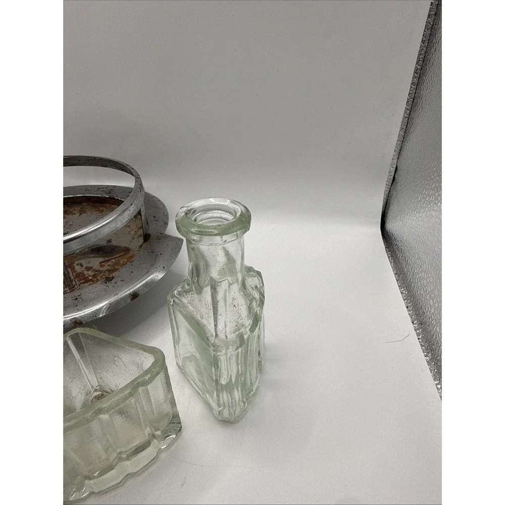 Vintage Cruet Condiment Metal & Glass Set Salt/Pepper, Oil, Sugar With Stand